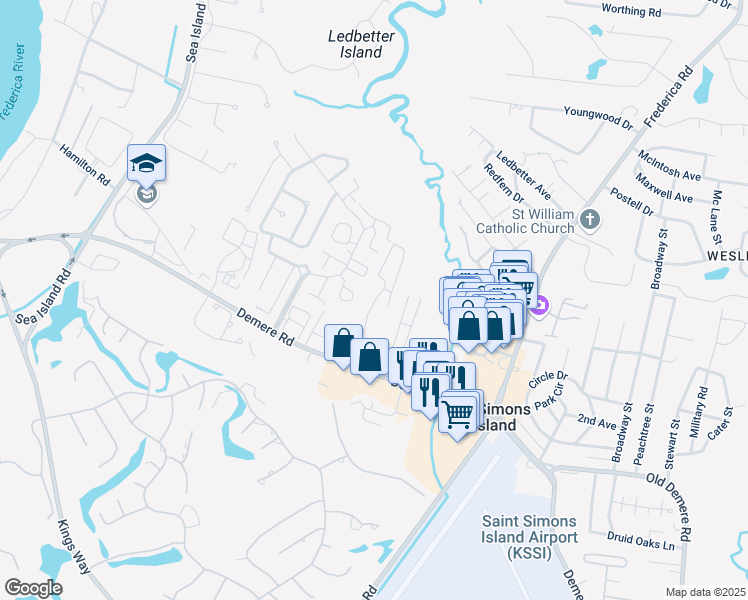 map of restaurants, bars, coffee shops, grocery stores, and more near 150 Shady Brook Circle in St. Simons Island