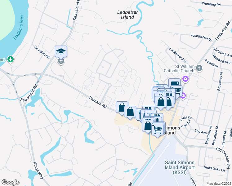 map of restaurants, bars, coffee shops, grocery stores, and more near 106 Travelers Way in St. Simons Island