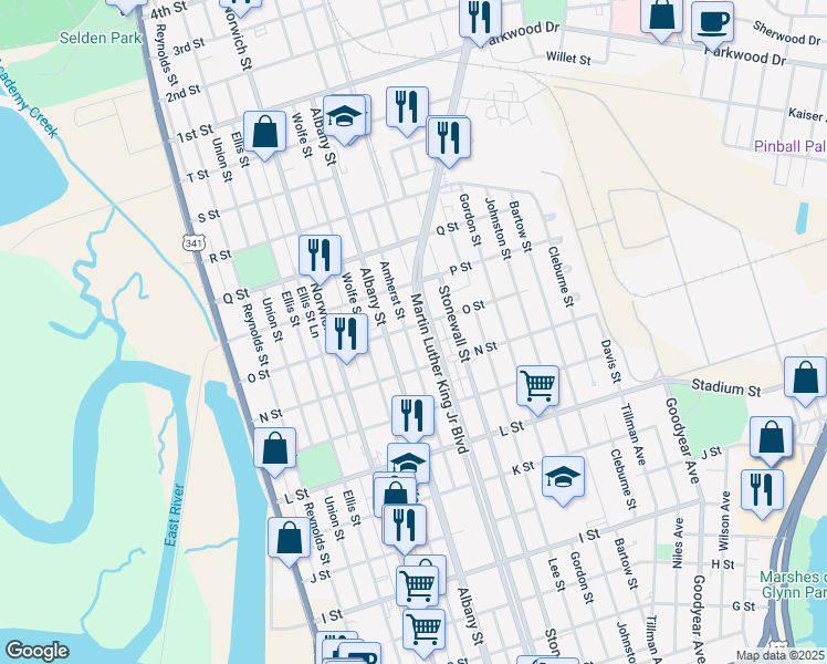 map of restaurants, bars, coffee shops, grocery stores, and more near 1404 O Street in Brunswick