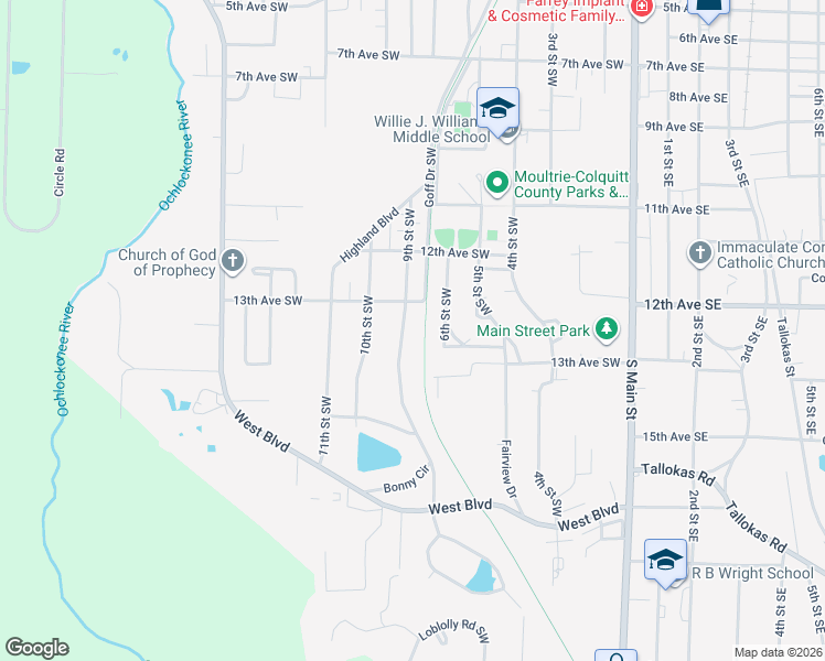 map of restaurants, bars, coffee shops, grocery stores, and more near 1315 9th Street Southwest in Moultrie