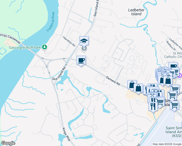 map of restaurants, bars, coffee shops, grocery stores, and more near 2927 Demere Road in St. Simons Island