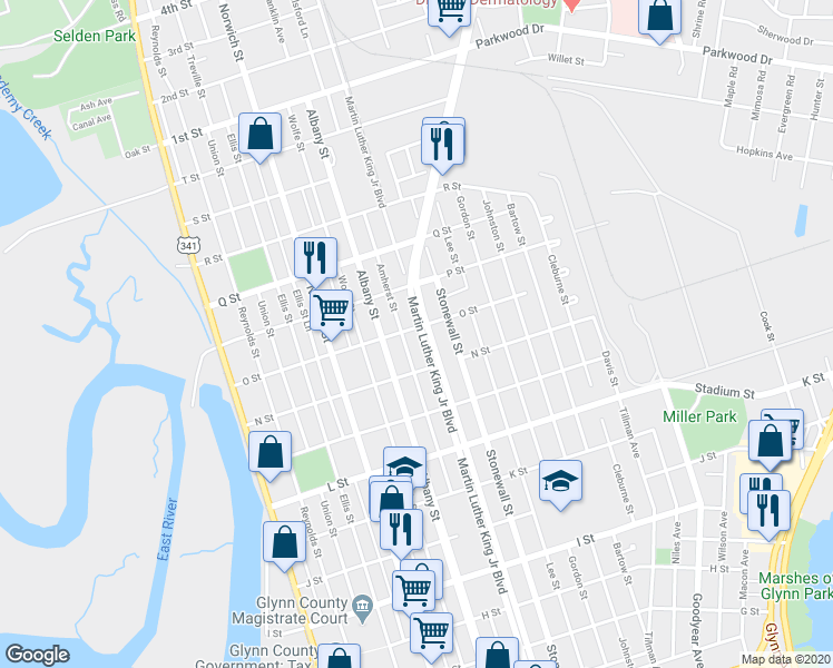 map of restaurants, bars, coffee shops, grocery stores, and more near 1404 O Street in Brunswick