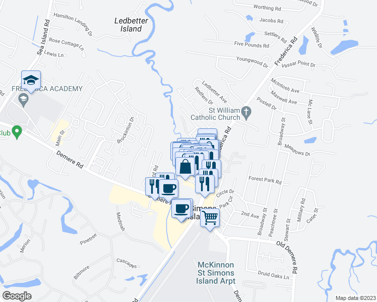 map of restaurants, bars, coffee shops, grocery stores, and more near 100 Blair Road in St. Simons Island