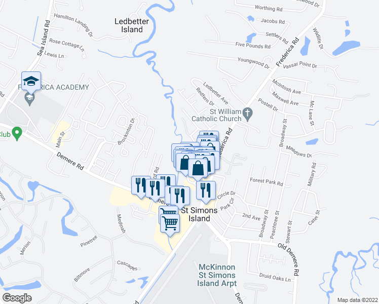 map of restaurants, bars, coffee shops, grocery stores, and more near 100 Blair Road in St. Simons Island