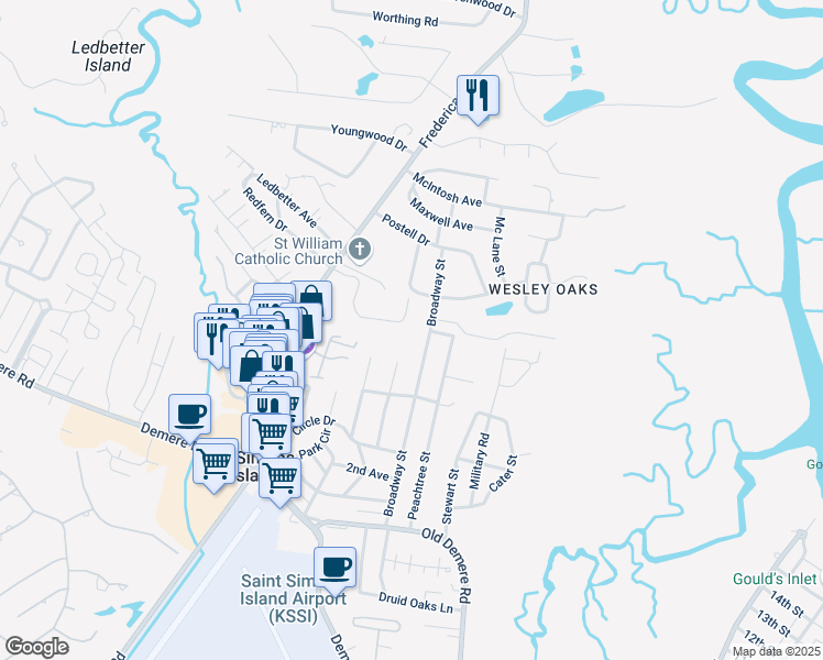 map of restaurants, bars, coffee shops, grocery stores, and more near 154 Laurel View Drive in St. Simons Island