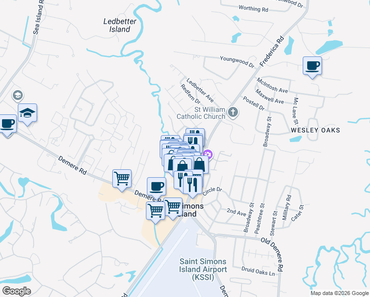 map of restaurants, bars, coffee shops, grocery stores, and more near 261 Edwards Plaza PE in St. Simons Island