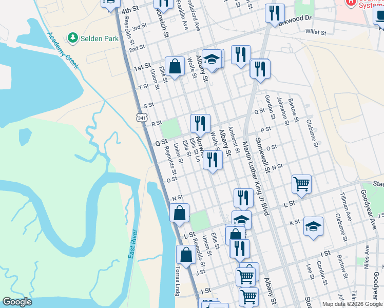 map of restaurants, bars, coffee shops, grocery stores, and more near 2519 Ellis Street in Brunswick