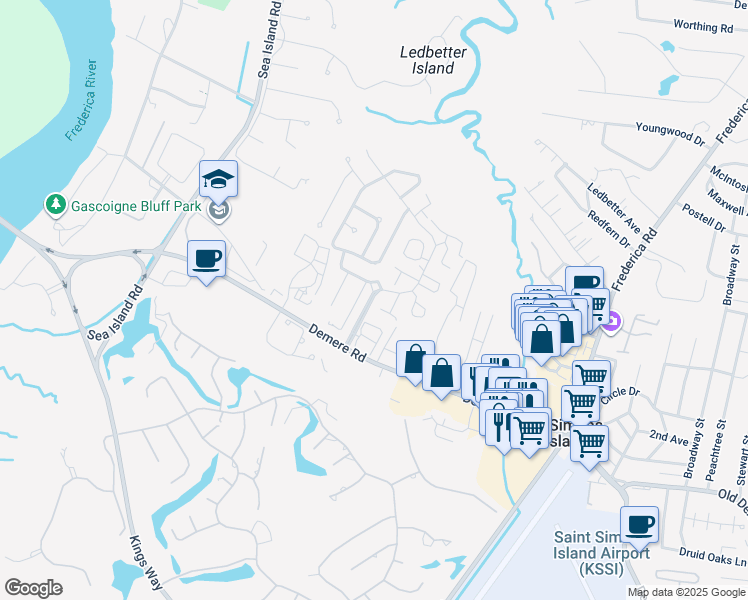 map of restaurants, bars, coffee shops, grocery stores, and more near 110 Ashwood Way in St. Simons Island