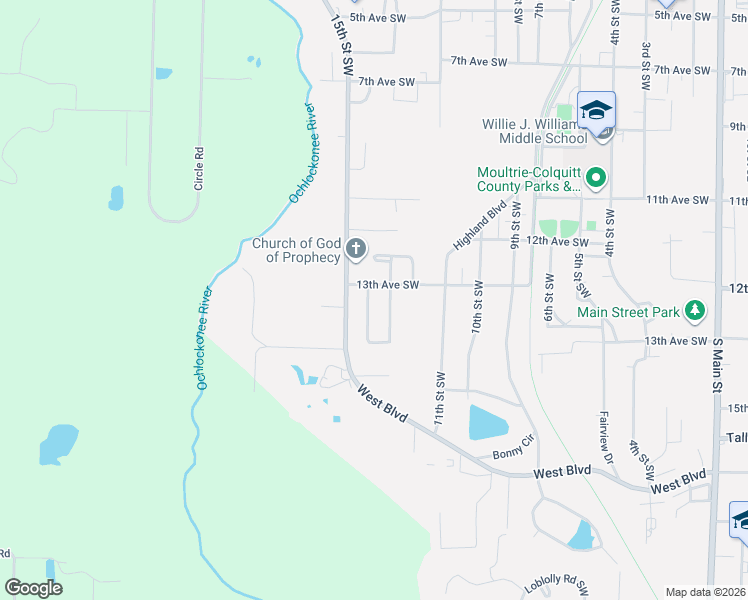 map of restaurants, bars, coffee shops, grocery stores, and more near 1311 Summer Circle Southwest in Moultrie