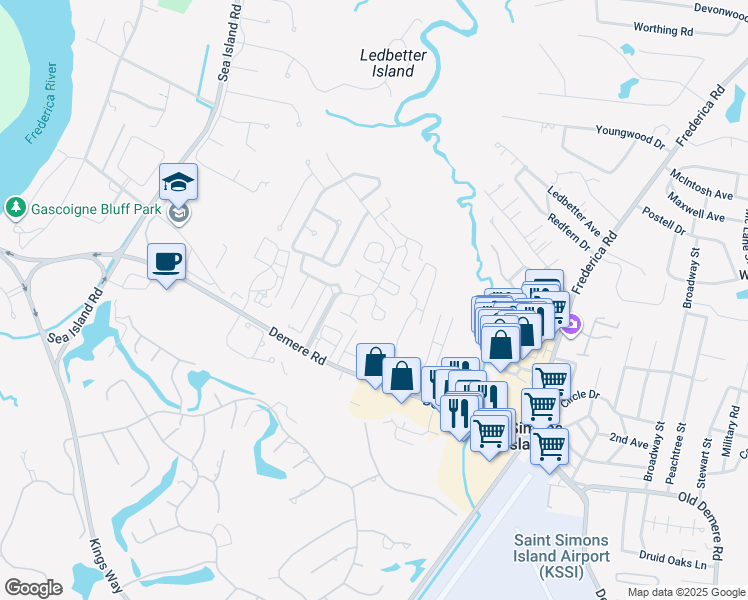 map of restaurants, bars, coffee shops, grocery stores, and more near 110 Brockinton Point in St. Simons