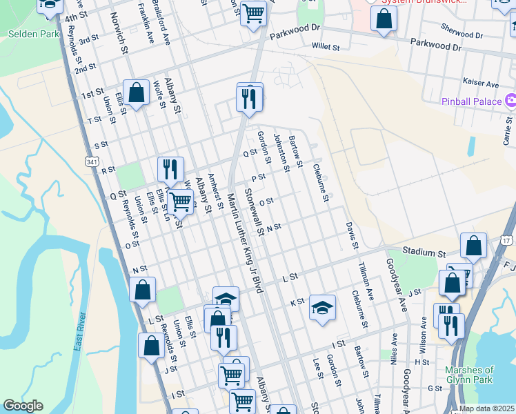 map of restaurants, bars, coffee shops, grocery stores, and more near 2401 Stonewall Street in Brunswick