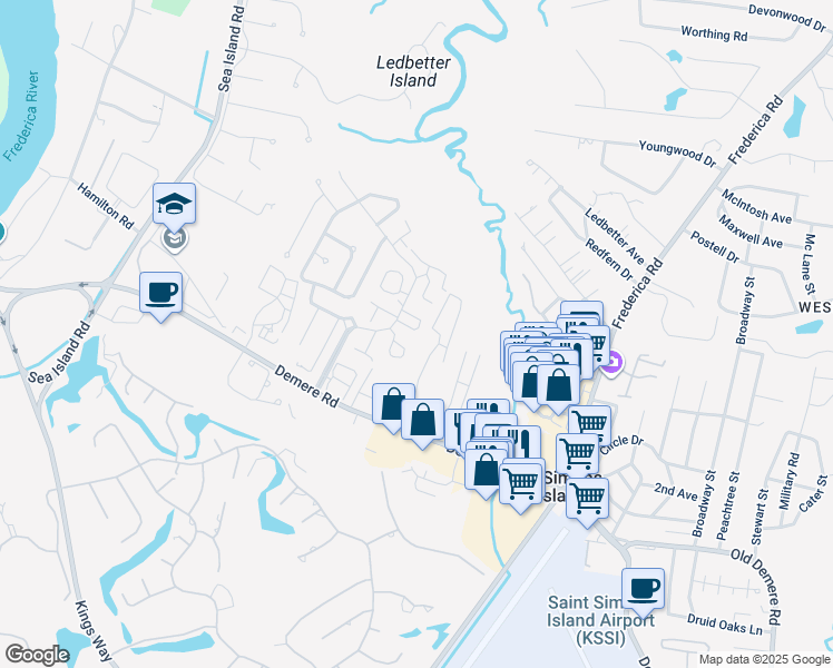 map of restaurants, bars, coffee shops, grocery stores, and more near 110 Brockinton Point in St. Simons