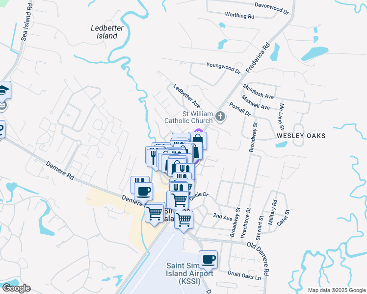 map of restaurants, bars, coffee shops, grocery stores, and more near 411 Longview Plaza Driveway in St. Simons