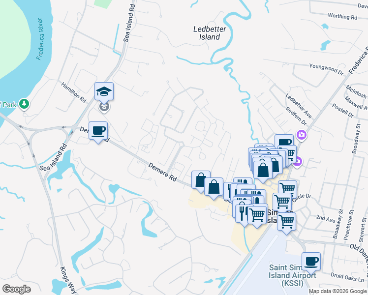 map of restaurants, bars, coffee shops, grocery stores, and more near 106 Travelers Way in St. Simons Island