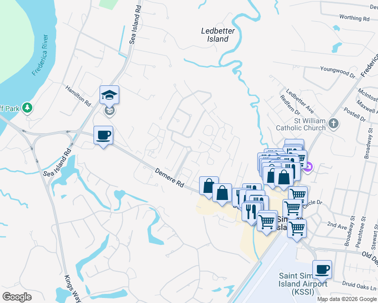 map of restaurants, bars, coffee shops, grocery stores, and more near 632 Brockinton Point in St. Simons Island