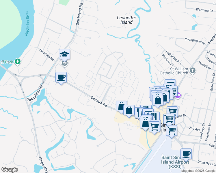 map of restaurants, bars, coffee shops, grocery stores, and more near 108 Hanging Moss Drive in St. Simons Island