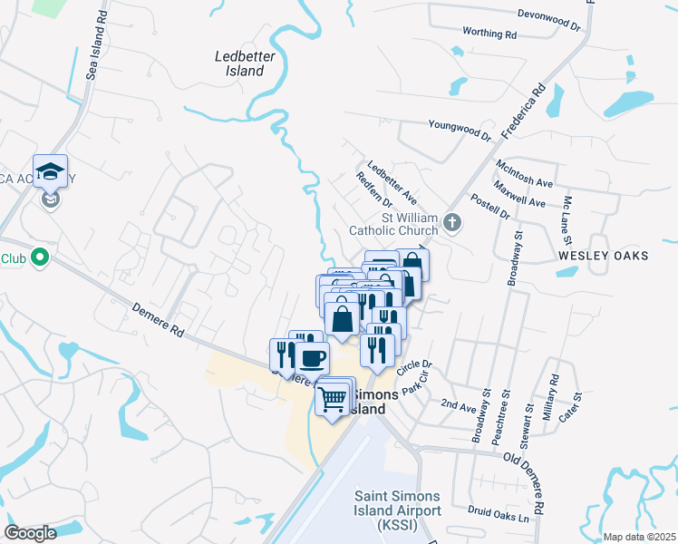 map of restaurants, bars, coffee shops, grocery stores, and more near 201 Kingsmarsh Way in St. Simons Island