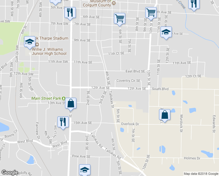 map of restaurants, bars, coffee shops, grocery stores, and more near 4th Street Southeast in Moultrie