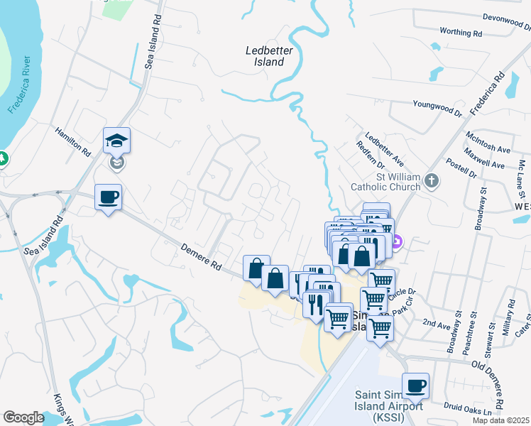 map of restaurants, bars, coffee shops, grocery stores, and more near 205 Walmar Grove in St. Simons Island