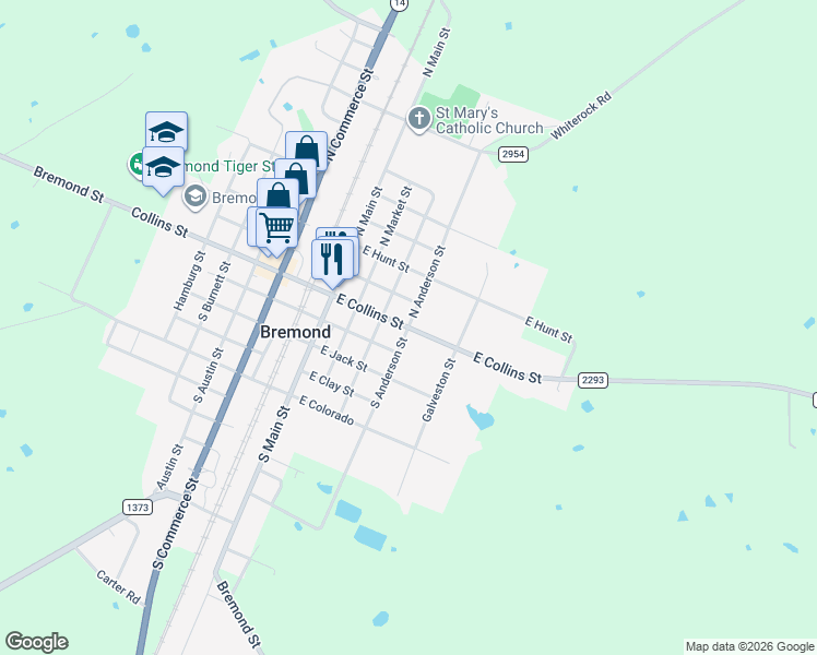 map of restaurants, bars, coffee shops, grocery stores, and more near 117 North Anderson Street in Bremond