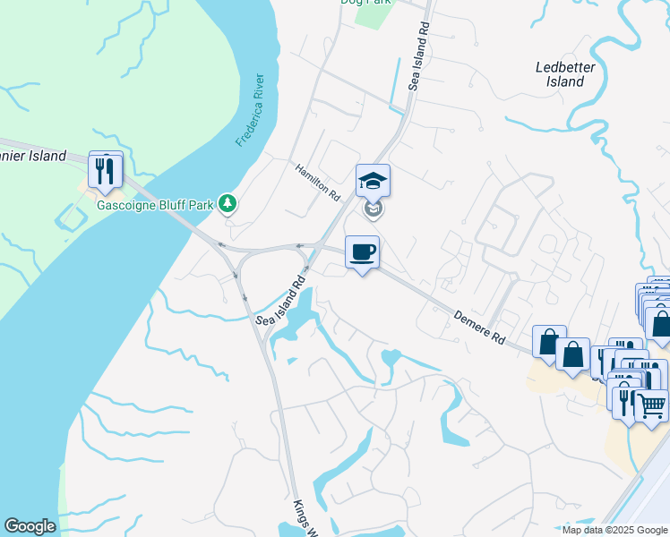 map of restaurants, bars, coffee shops, grocery stores, and more near 1000 Sea Island Road in St. Simons Island