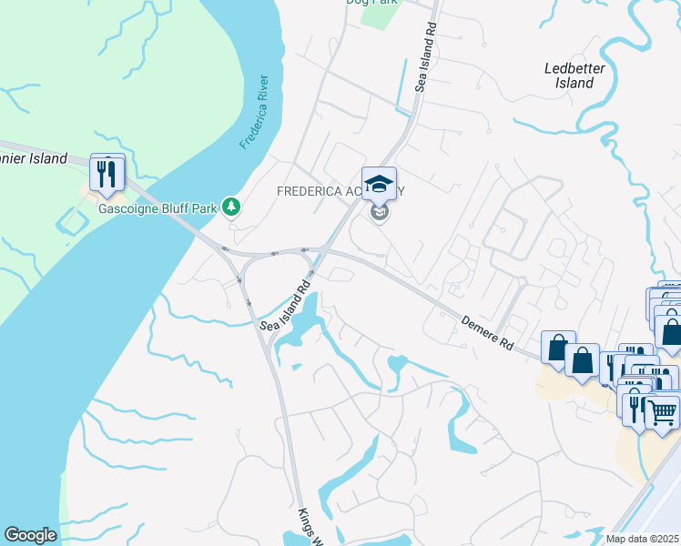 map of restaurants, bars, coffee shops, grocery stores, and more near 2976 Demere Road in St. Simons Island