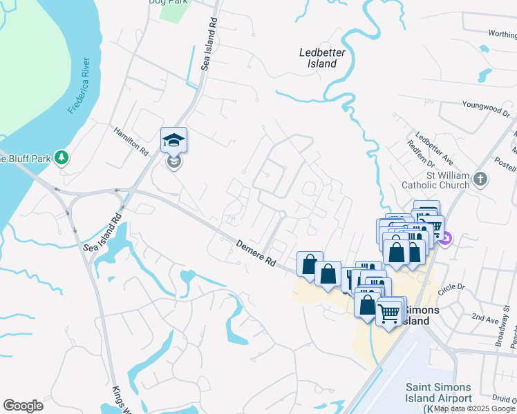 map of restaurants, bars, coffee shops, grocery stores, and more near 108 Hanging Moss Drive in St. Simons Island