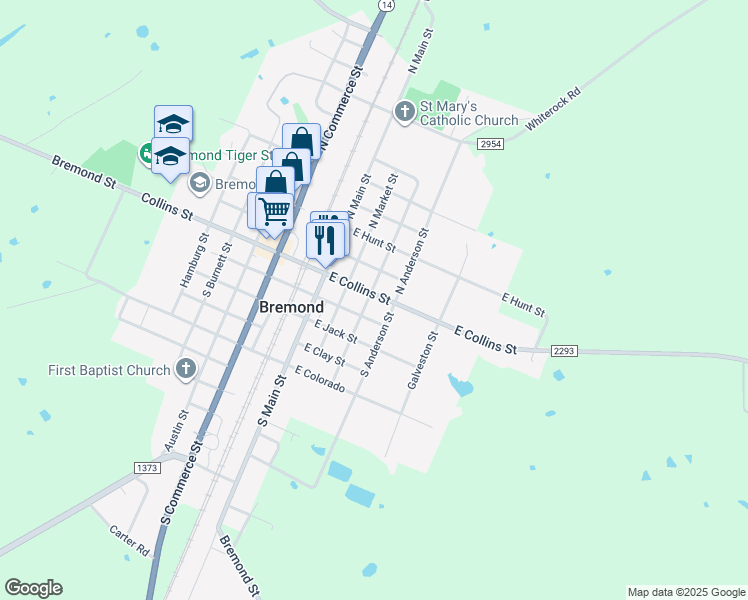 map of restaurants, bars, coffee shops, grocery stores, and more near 303 East Collins Street in Bremond