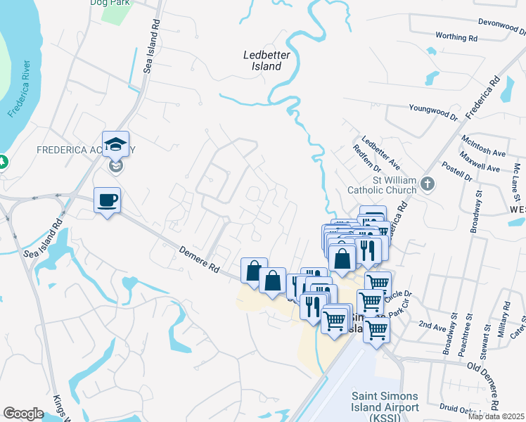 map of restaurants, bars, coffee shops, grocery stores, and more near 205 Walmar Grove in Saint Simons Island