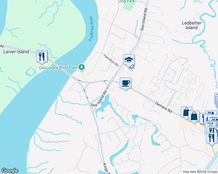 map of restaurants, bars, coffee shops, grocery stores, and more near 1000 Sea Island Road in St. Simons Island