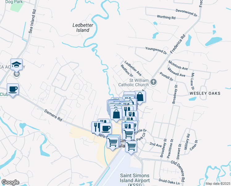 map of restaurants, bars, coffee shops, grocery stores, and more near 201 Kingsmarsh Way in St. Simons Island