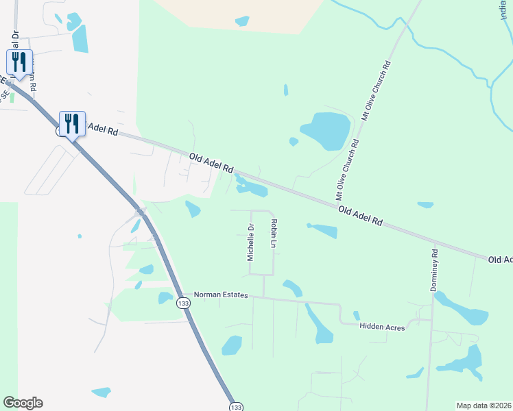map of restaurants, bars, coffee shops, grocery stores, and more near 250 Robin Lane in Moultrie