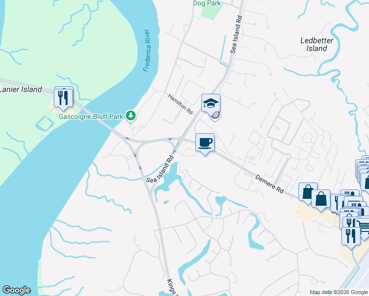 map of restaurants, bars, coffee shops, grocery stores, and more near 1000 Sea Island Road in St. Simons Island