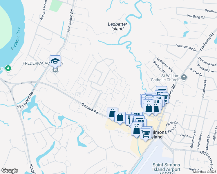 map of restaurants, bars, coffee shops, grocery stores, and more near 619 Brockinton Point in Saint Simons Island