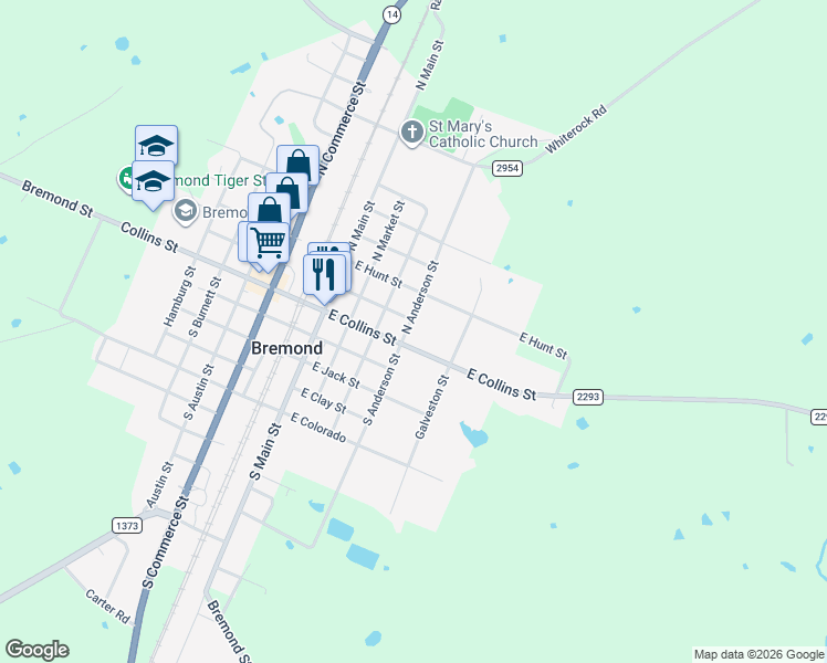 map of restaurants, bars, coffee shops, grocery stores, and more near 117 North Anderson Street in Bremond