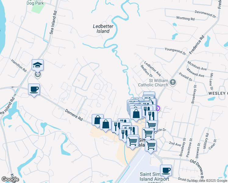 map of restaurants, bars, coffee shops, grocery stores, and more near 118 Shady Brook Circle in St. Simons Island