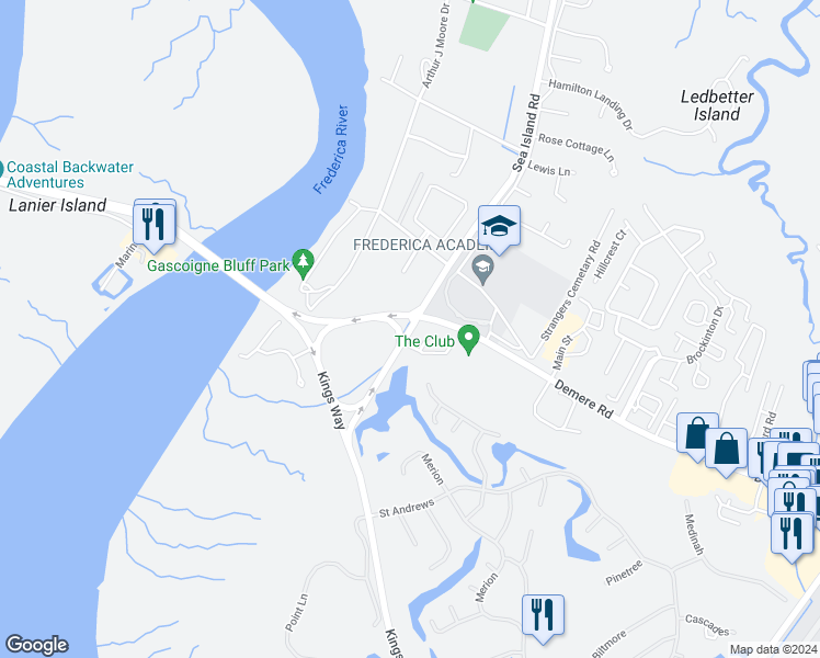 map of restaurants, bars, coffee shops, grocery stores, and more near 1000 Sea Island Road in St. Simons Island