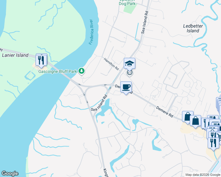 map of restaurants, bars, coffee shops, grocery stores, and more near 1000 Sea Island Road in St. Simons Island