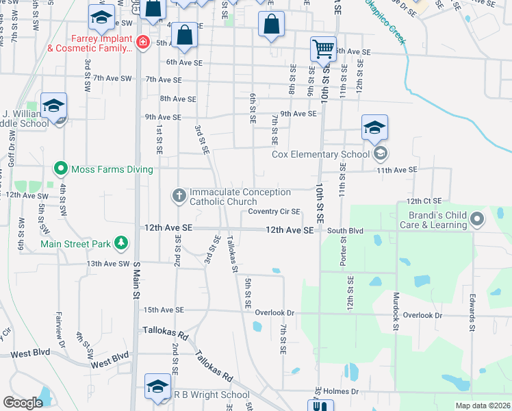 map of restaurants, bars, coffee shops, grocery stores, and more near 606 Coventry Circle Southeast in Moultrie