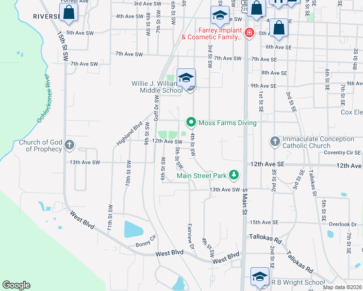 map of restaurants, bars, coffee shops, grocery stores, and more near 415 12th Avenue Southwest in Moultrie