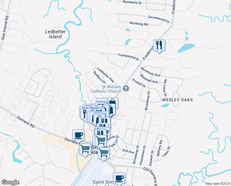 map of restaurants, bars, coffee shops, grocery stores, and more near 103 Ledbetter Avenue in St. Simons Island