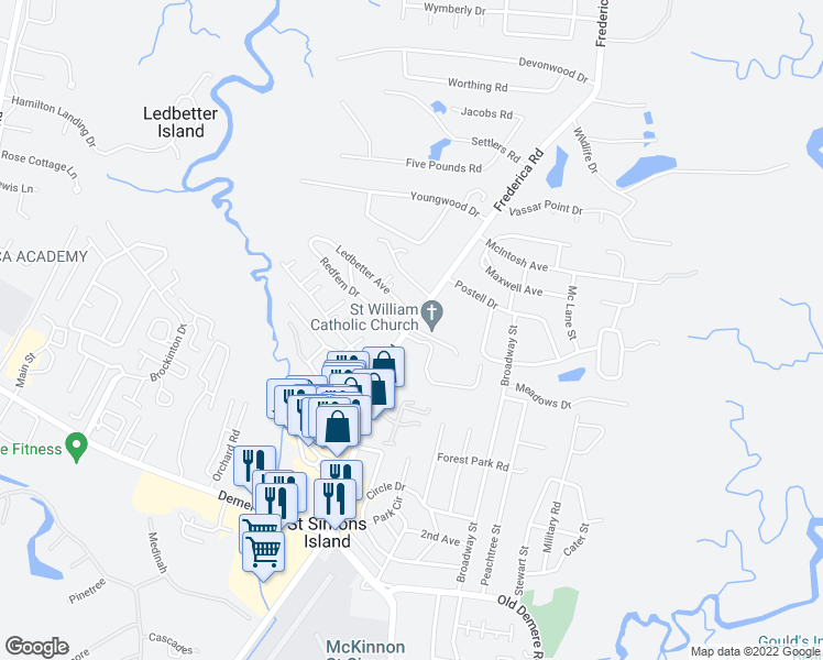 map of restaurants, bars, coffee shops, grocery stores, and more near 103 Ledbetter Avenue in St. Simons
