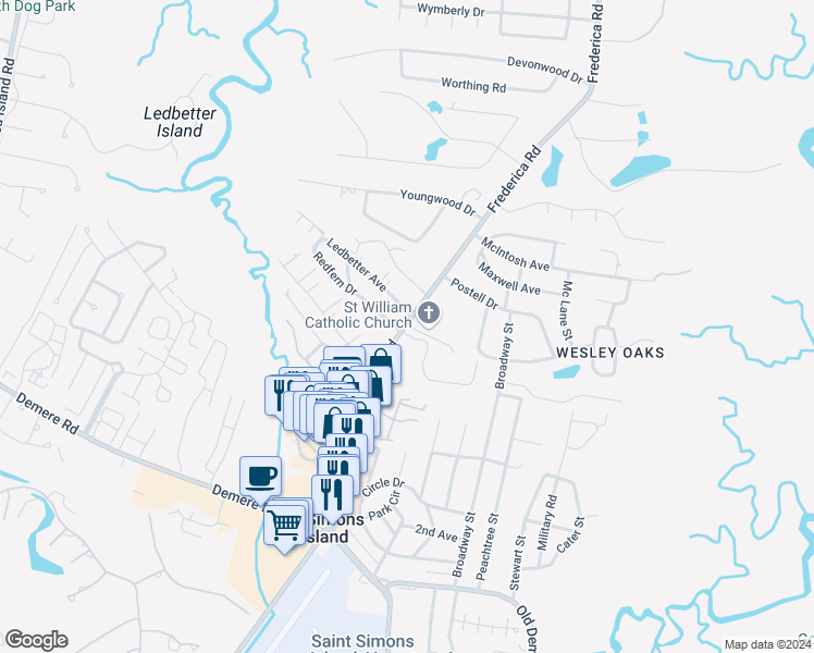 map of restaurants, bars, coffee shops, grocery stores, and more near 103 Ledbetter Avenue in St. Simons