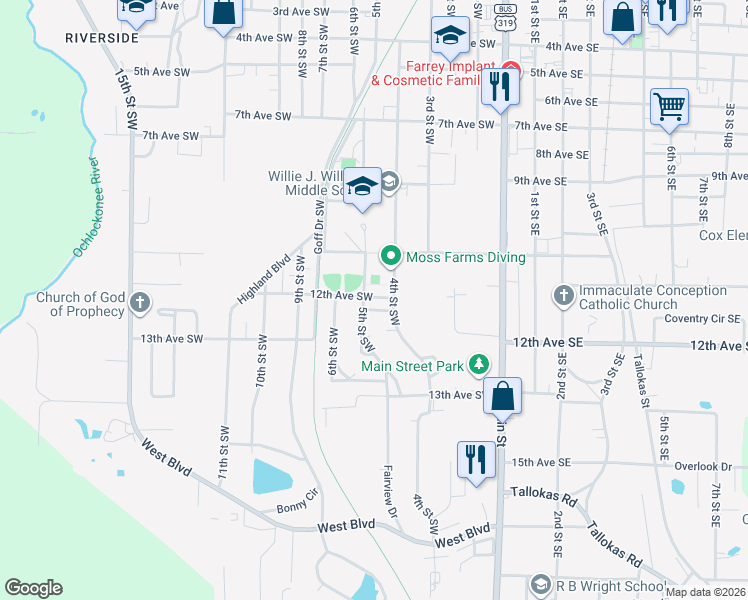 map of restaurants, bars, coffee shops, grocery stores, and more near 415 12th Avenue Southwest in Moultrie