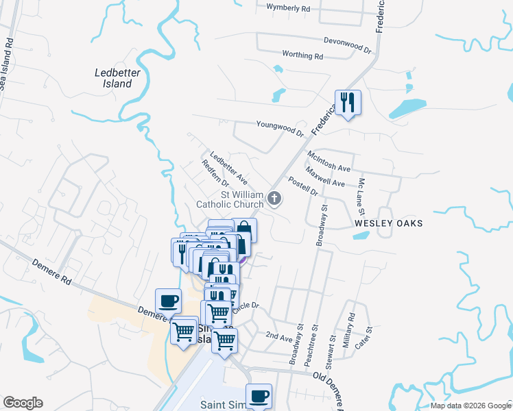 map of restaurants, bars, coffee shops, grocery stores, and more near 103 Ledbetter Avenue in St. Simons