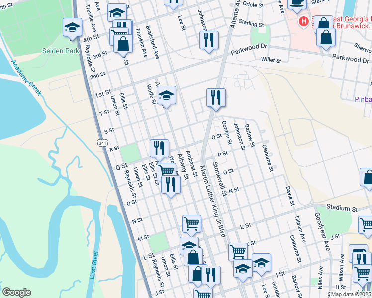 map of restaurants, bars, coffee shops, grocery stores, and more near 2700 Albany Street in Brunswick
