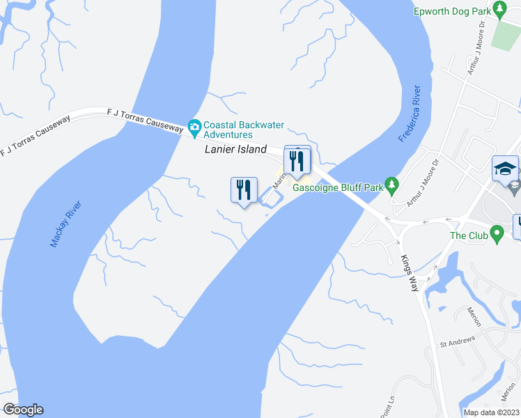 map of restaurants, bars, coffee shops, grocery stores, and more near 1 Marina Drive in St. Simons Island