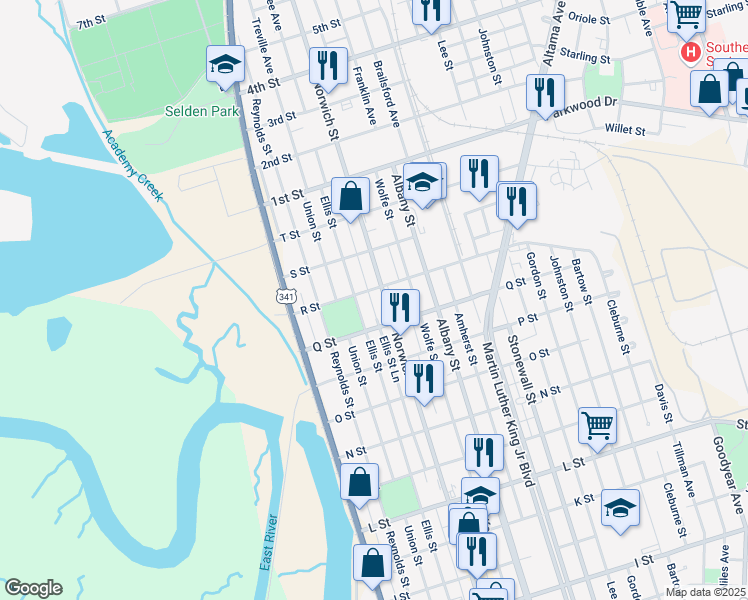 map of restaurants, bars, coffee shops, grocery stores, and more near 2725 Norwich Street in Brunswick