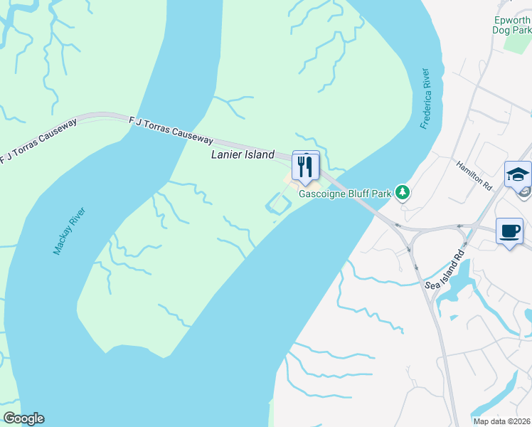 map of restaurants, bars, coffee shops, grocery stores, and more near 1 Marina Drive in St. Simons Island