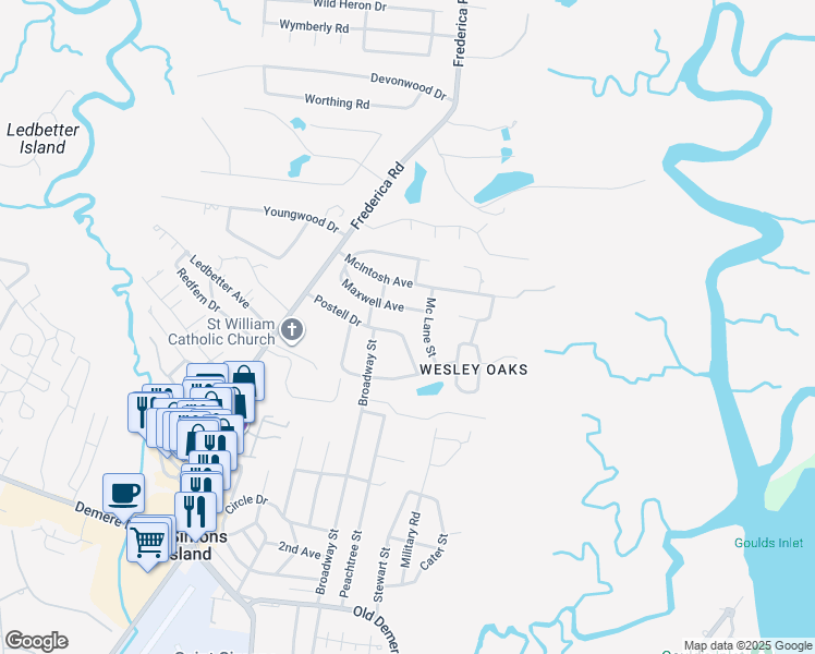map of restaurants, bars, coffee shops, grocery stores, and more near 511 Mc Lane Street in St. Simons Island